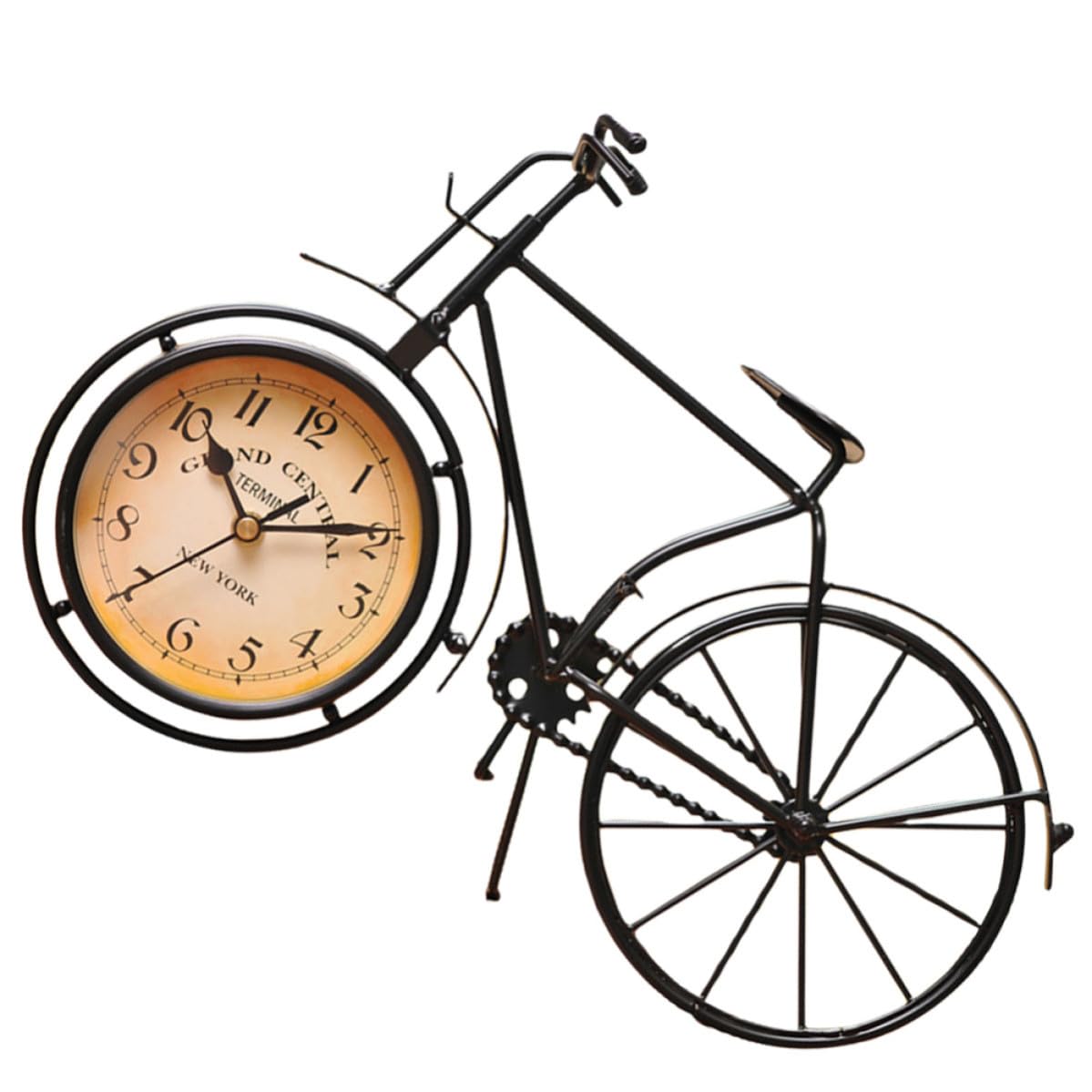 Reloj de escritorio de metal con forma de bicicleta retro negra y esfera de color aleatorio