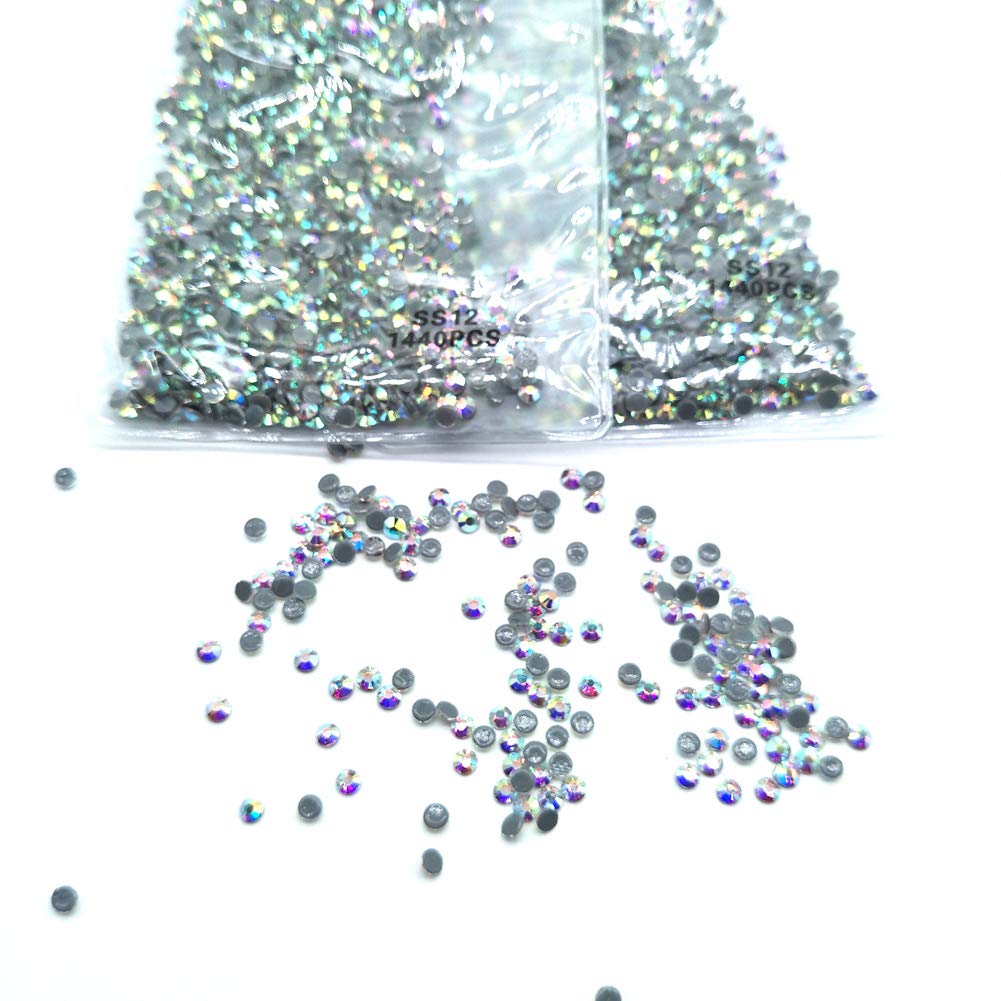 Queenme 3MM 2880pcs SS12 AB Hotfix Rhinestones Flatback Crystals for Clothes Shoes Crafts Hot Fix Round Glass Gems Stones Flat Back Iron on Rhinestones for Clothing 12SS (AB, 2880pcs SS12)