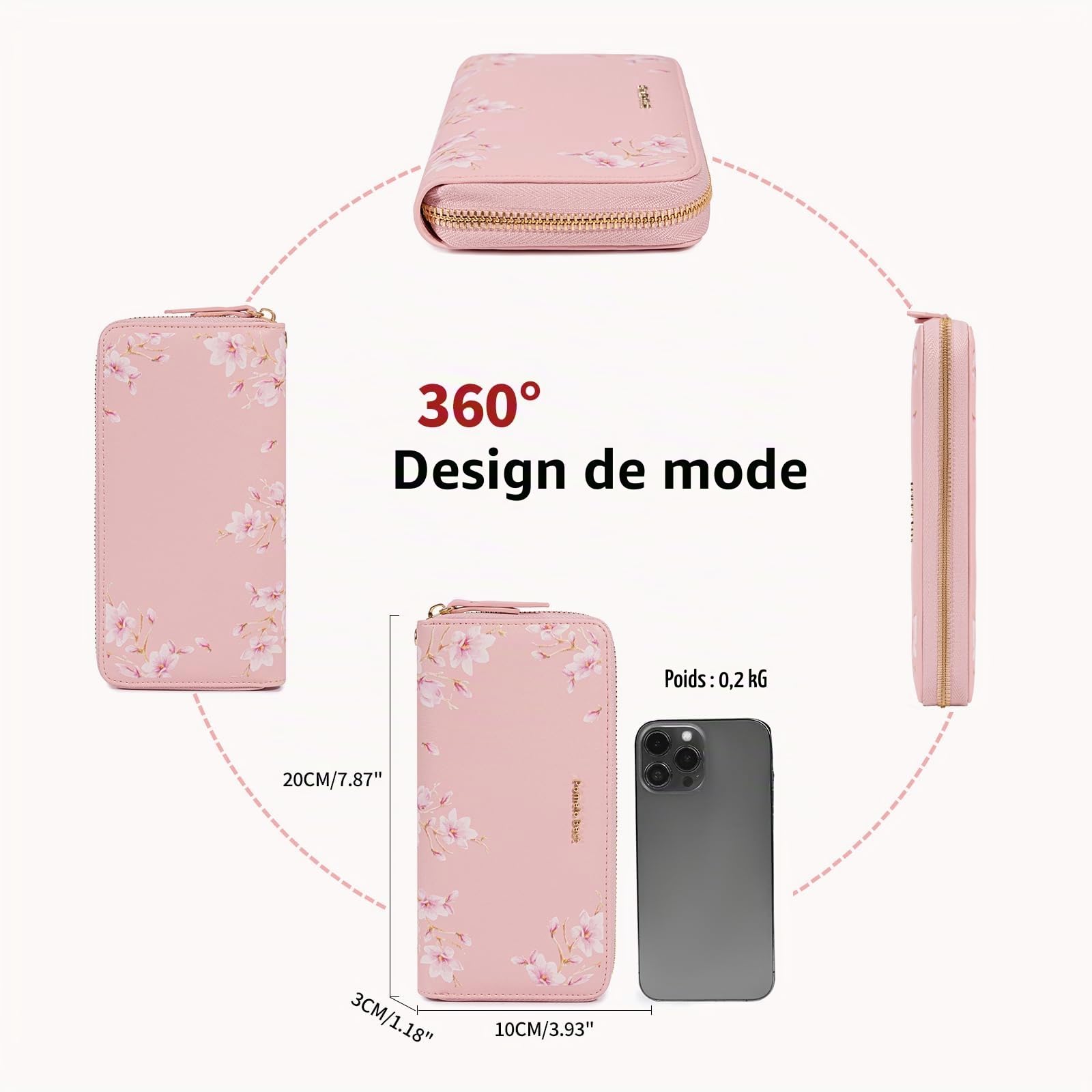 Pomelo Best Portefeuilles Femme en Cuir PU Porte Monnaie Zippé Téléphone Portabe en Fleur Primé avec Courroie de Poignet - RFID Blocage Cadeaux pour Femmes Filles