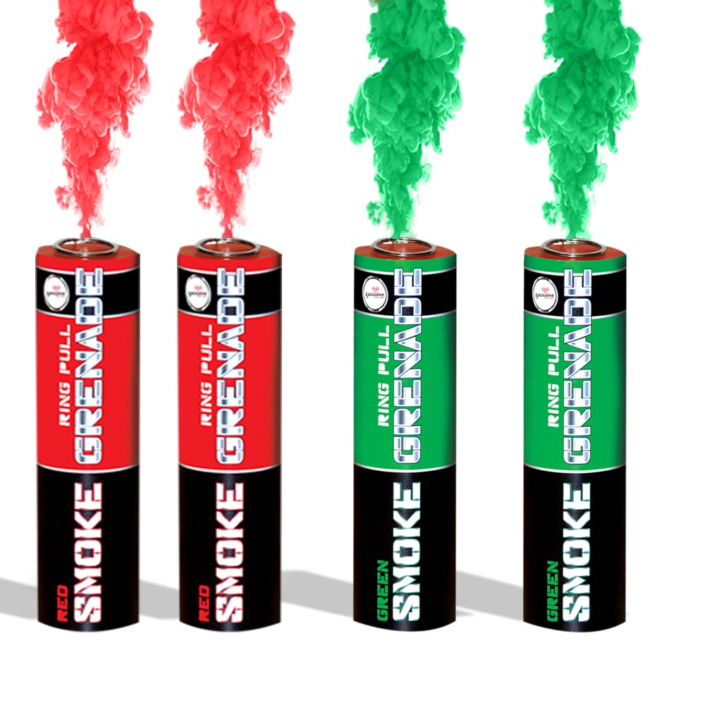 Pack of 4 Ring Pull Smoke Grenades with Ideal for Paintball Weddings Photoshoots & Special Effects, 2 Mixed Colour Pack (2 Red & 2 Green)