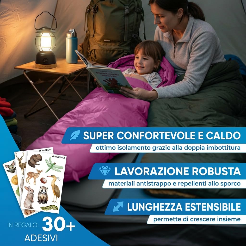 NORDMUT® Sacco a pelo bambini – Cresce con il bambino per protezione –per bambini in materiali non tossici – Sacco a pelo 3 stagioni (200 GSM) per avventure outdoor