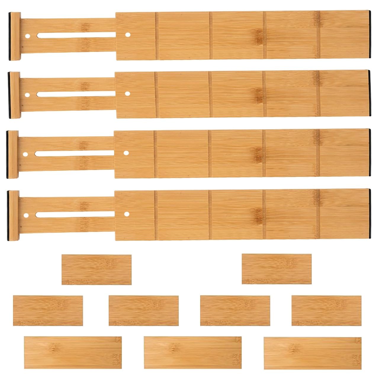 4 Pack Bamboo Drawer Dividers with 9 inserts – 16.3-22 Inches Expandable and Adjustable Drawer Dividers with Non-Skid Grip