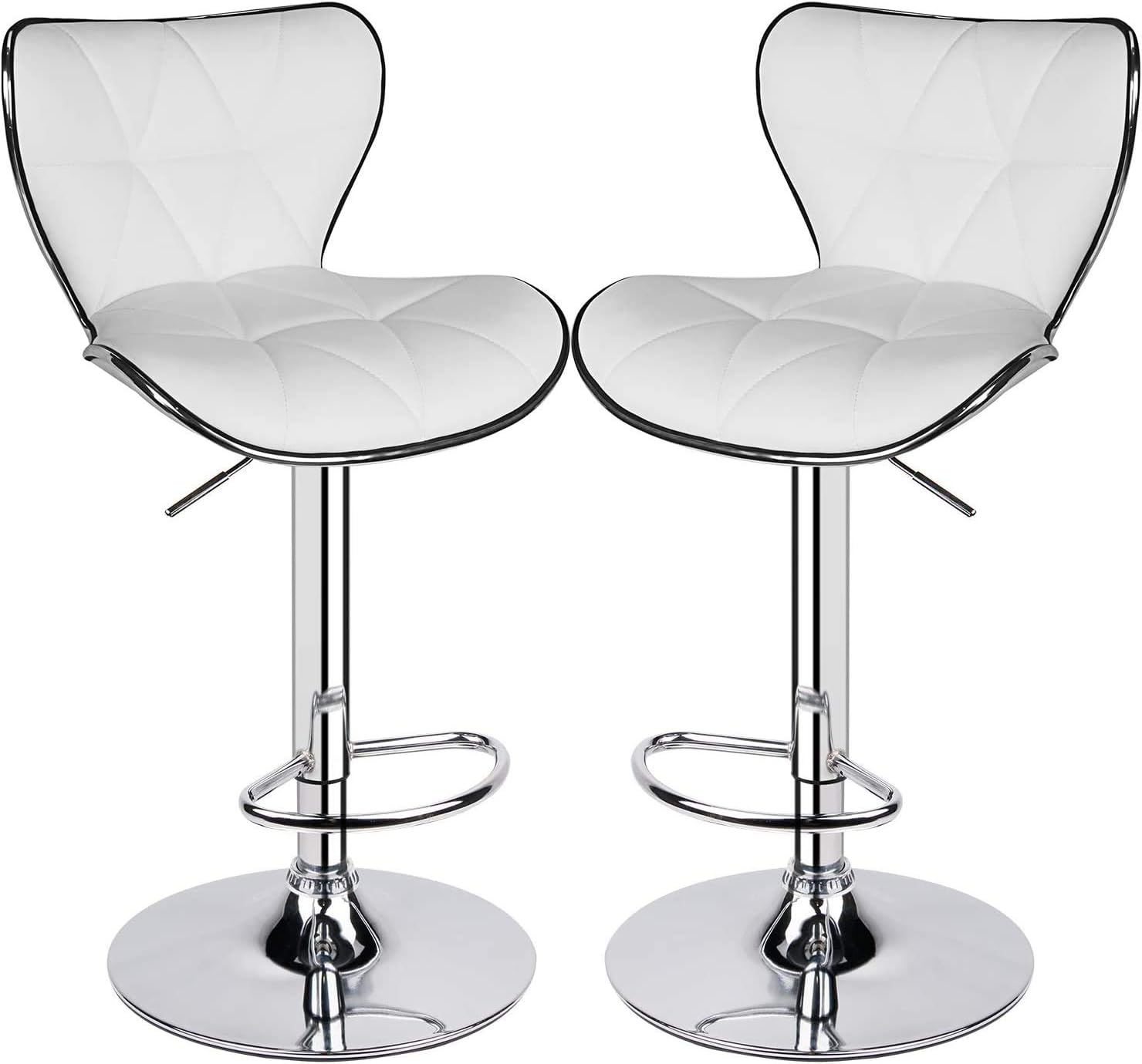 Bar Stools Adjustable Swivel PU Leather Kitchen Counter Bar Chairs with Backrest and Chrome Base Furniture Hydraulic Dining Chairs, Set of 2 White
