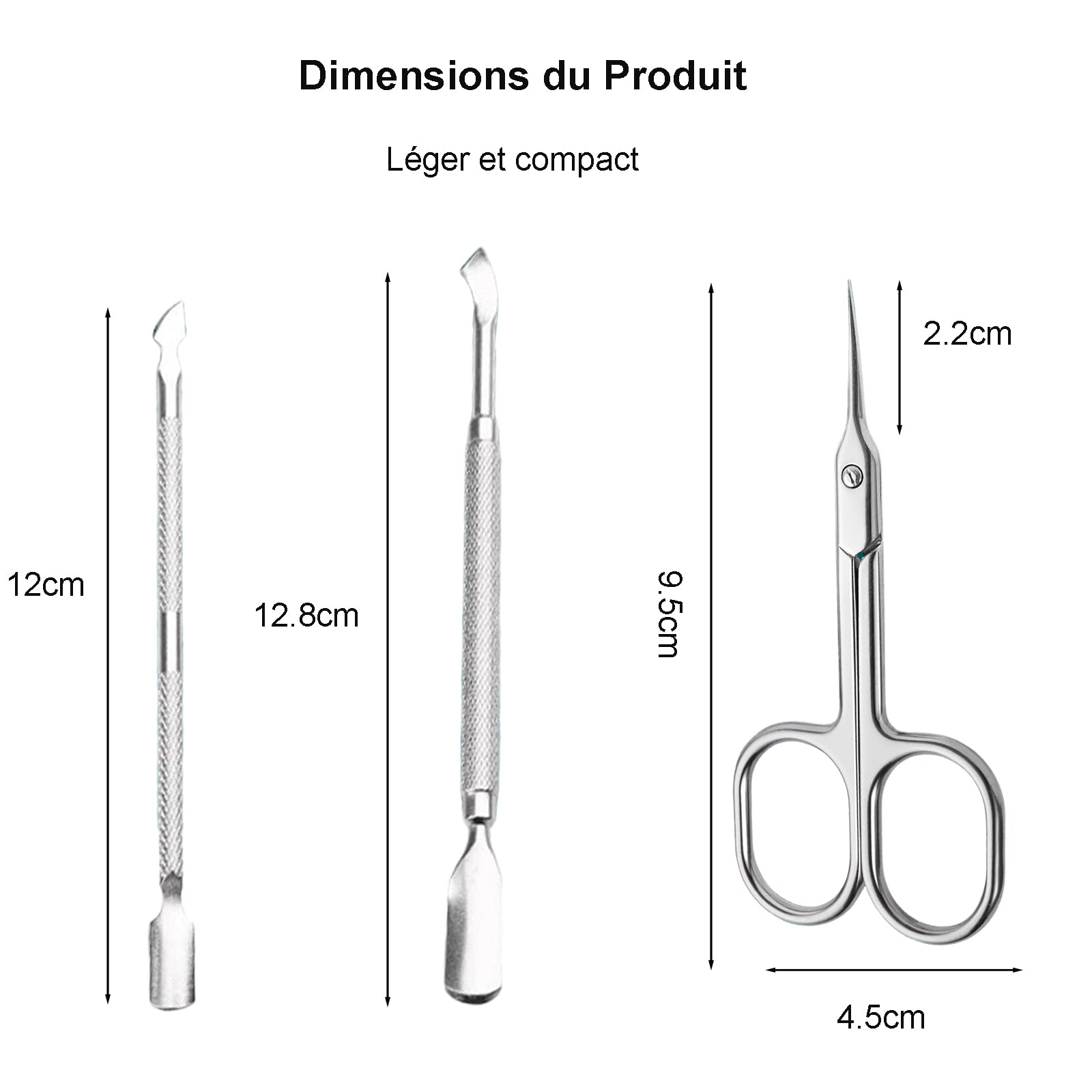 Ciseaux à Cuticules Professionnels + Pousse-Cuticules Double-Fonction (3 Pièces) - Kit Manucure/Pédicure en Acier Inoxydable Anti-Corrosion - Précision Salon (Argent)