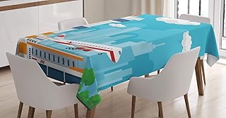 Ambesonne Airport Tablecloth, Themed Cartoon of Control Tower and Take Off Plane on City Silhouette, Rectangular Table Cover for Dining Room Kitchen Decor, 52" X 70", Multicolor