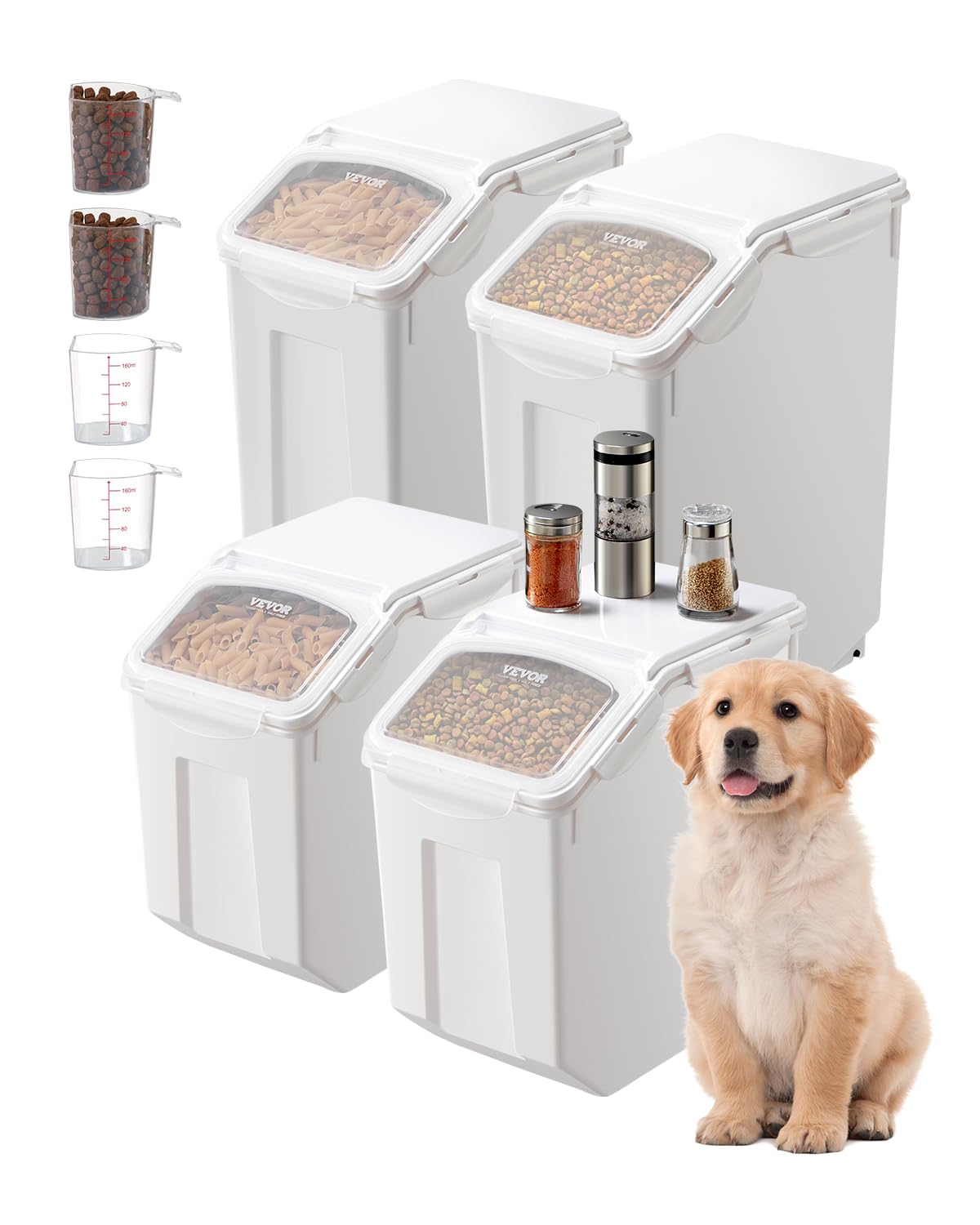VEVOR Contenedor de Almacenamiento de Arroz, 15 L x 2 + 20 L x 2, para Cereales y Granos para Ingredientes de Cocina, para Mascotas con Ruedas, 4 Tazas Medidoras, 365 x 230 x 365 mm ± 10 mm, Blanco