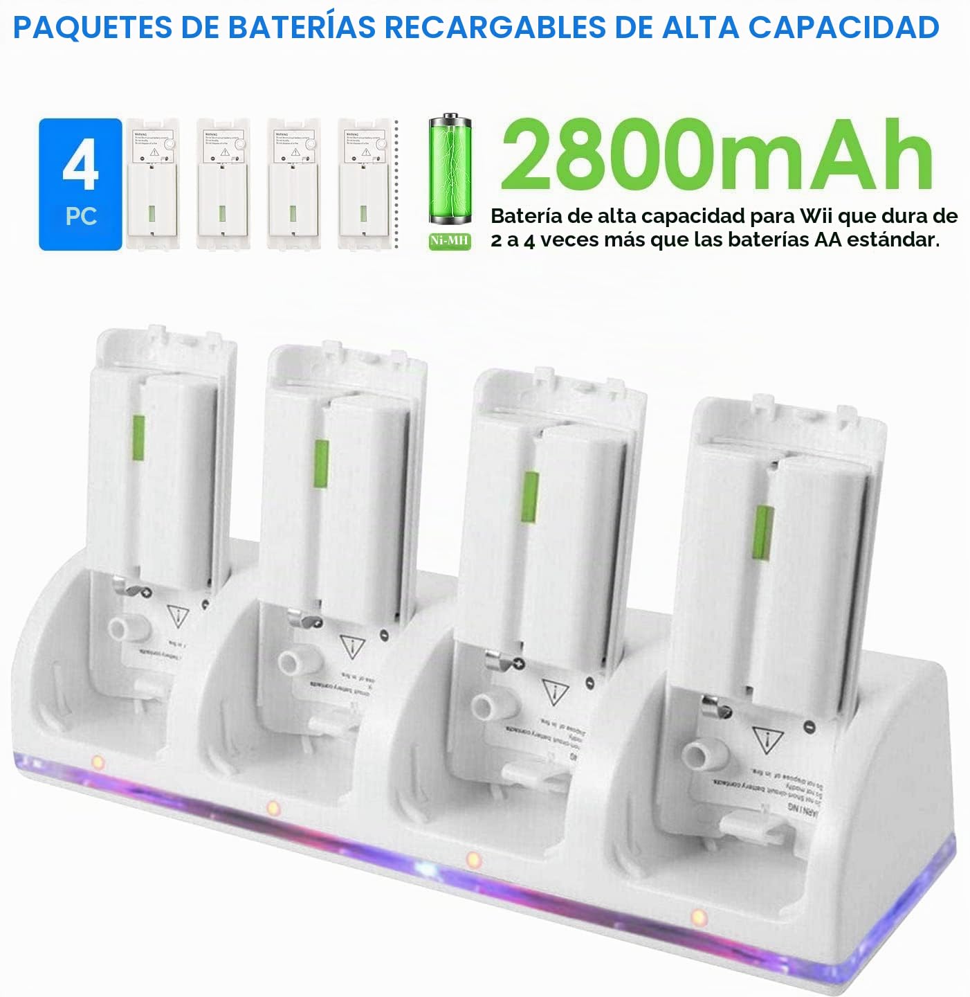 Estación de Carga para Controlador de Wii 4 en 1, Base de Cargador de Controlador, estación de Carga con 4 Baterias Recargables e Indicadores LED para el Controlador Wii | Cuatro baterías recargables, indicadores LED, compatibles con mandos a distancia Wi