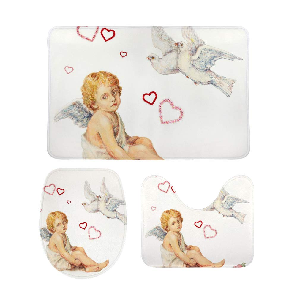 Ruchen Bath Rug 3 Piece Set ﻿Watercolor Cute Angel Vintage Cherub White Doves Bathroom Rugs Set U-Shape Contoured Toilet Rug Lid Cover