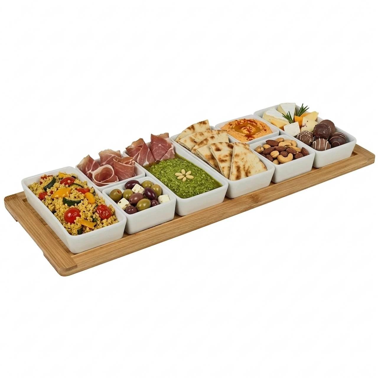 URBNLIVING Bamboo Serving Tray with 8 Ceramic Bowls – Snack Platter, Appetizer and Party Serving Set, Modular and Dishwasher-Safe, Elegant Kitchen & Dining Organizer
