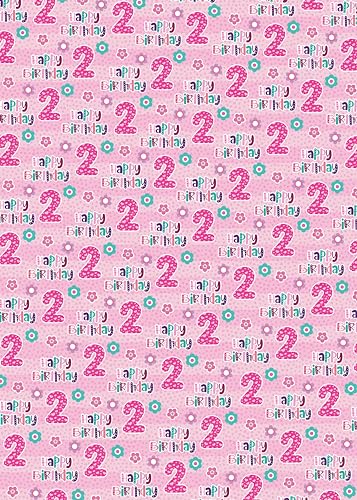 2 Sheets 2nd Birthday Girl Wrapping Paper Age 2 Cute Birthday Giftwrap Female PINK (PA)