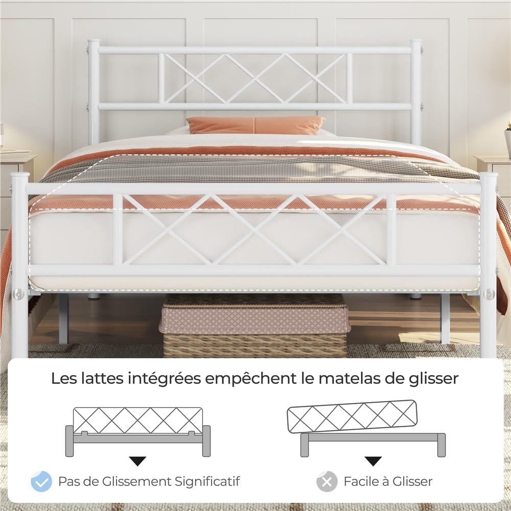 Yaheetech Cadre de Lit 90x190cm avec sommier Tête de lit Design en X Blanc