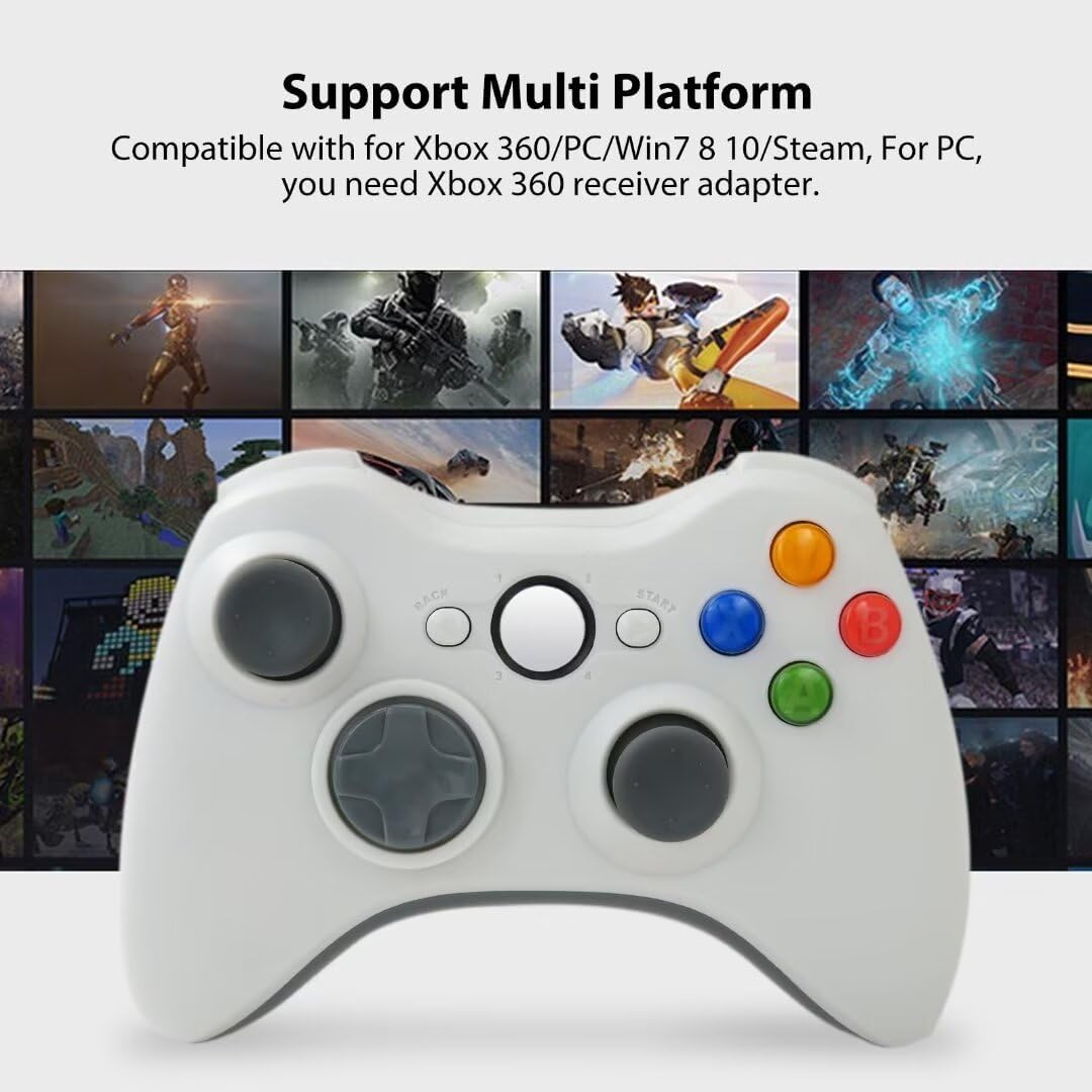 2.4GHz Wireless Game Controller Support for Xbox 360/360 Slim/360 E/PC/Steam/Windows 7/8/10, Gamepad Joystick with the Ergonomic Curve Design Enables Comfort and Endless Gameplay - White