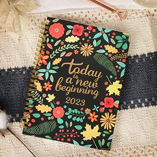 Kaket Diary 2023, Diary Planner A5 2023 Diary, Weekly and Monthly Planner from Jan 2023 to Dec 2023, Black, Flower Pattern, Diary 2023 with Twin-Wire Binding, Hard Cover, Elastic Closure, Inner Pocket
