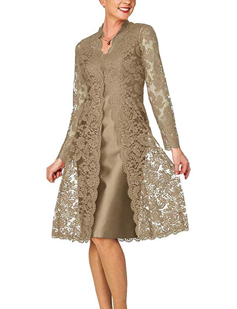 Leader of the Beauty Women's 2 Pieces Mother of The Bride Dresses Tea Length Women's Formal Dresses with Lace Jacket 18 Taupe