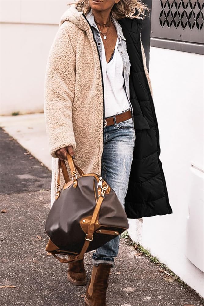 ORANDESIGNE Femme Chauds Manteaux d'hiver Réversible Sherpa Polaire Longues Vestes Bouffantes à Capuche Vêtements D'extérieur