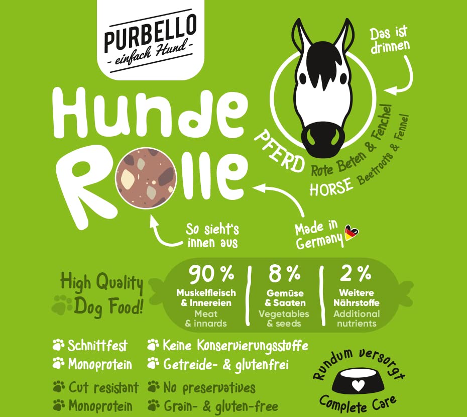 PURBELLO Hunde-Rolle Nassfutter Mix-Paket I - 3 x Pferd, 3 x Ziege, 2 x Lamm - Monoprotein Hundefutter mit hohem Fleischanteil - Hundewurst schnittfest und getreidefrei (8 x 400g)