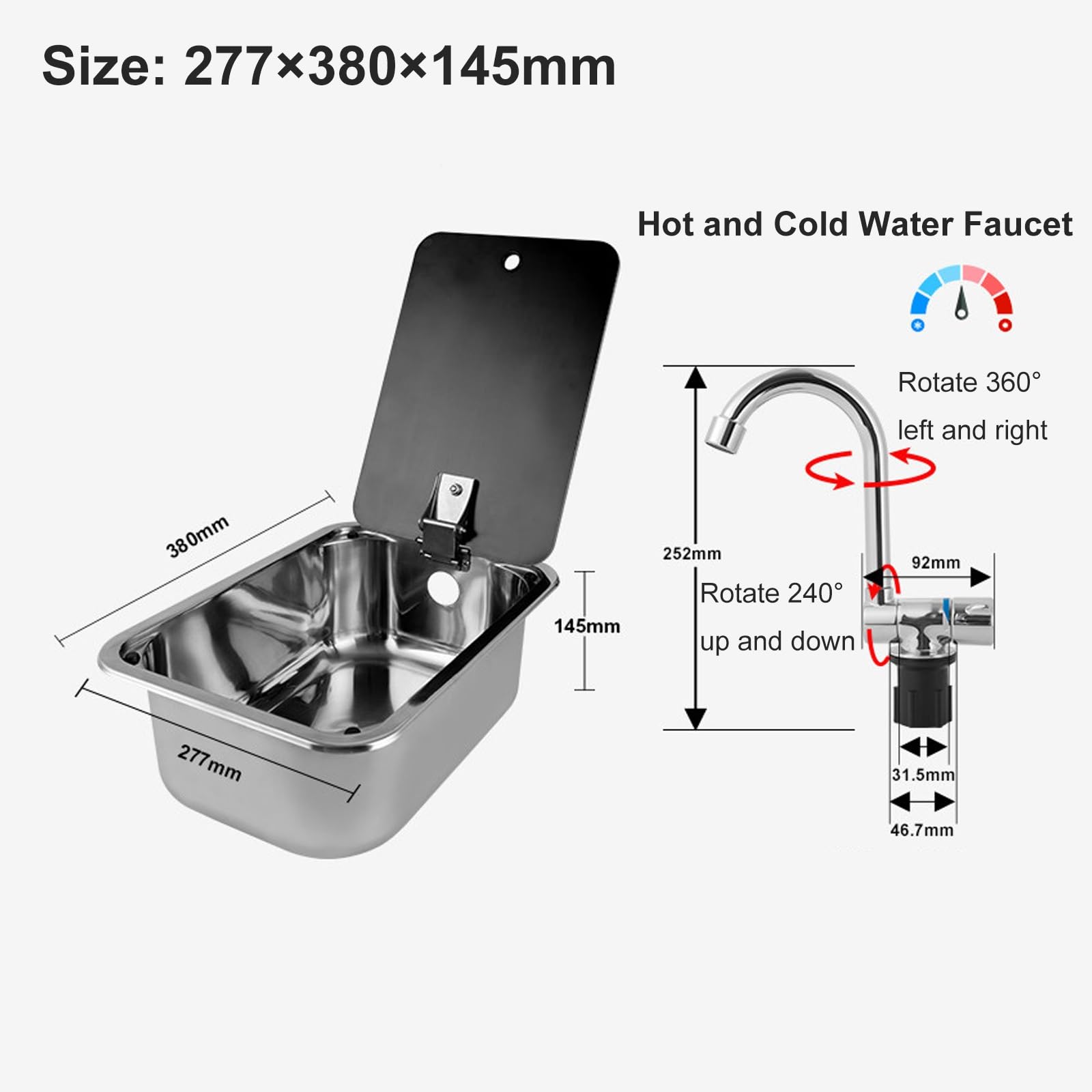 Fregadero Camper, Fregadero Cocina Pequeño de Acero Inoxidable 304 con Grifo Plegable y Placa de Cubierta, Apto para Vehículos Recreativos, Yates y Bares(Black,277x380x145mm)