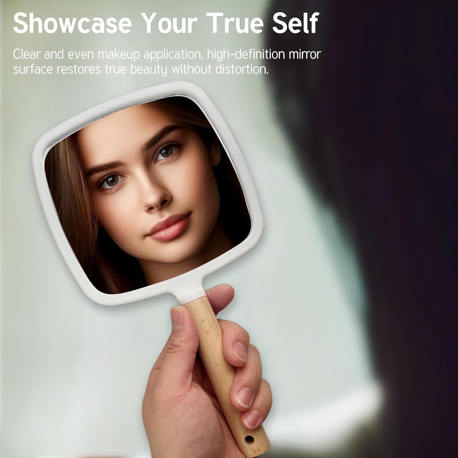 Portable Handheld Mirror with Wooden Handle for Makeup and Shaving, Cute Small Travel Mirror with Hanging Hole, Single-Sided Square Vanity Mirror for Men and Women