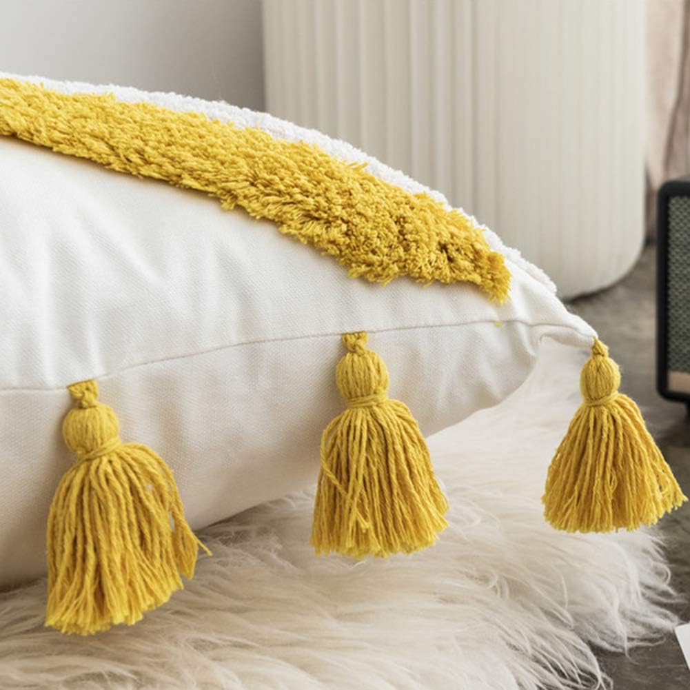 vctops Geometric Embroidery Tufted Throw Pillow Covers 18x18 Inch Farmhouse Cotton Canvas Woven Tufted Tassel Cushion Covers Home Decor (Mustard Yellow,18"x18")