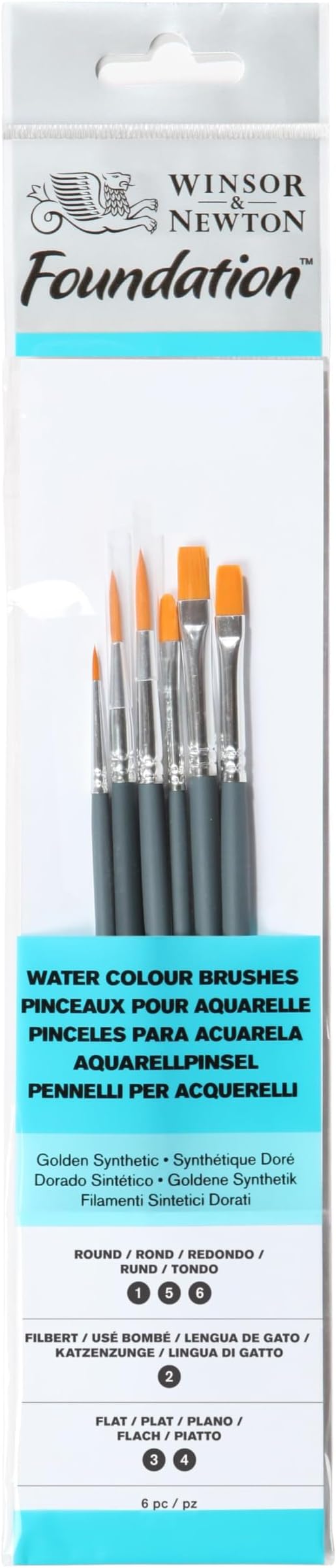 Foundation Water Colour Short Handle 6 Pack Brush, Wood, Multicoloured, 7 x 1 x 4.3 cm