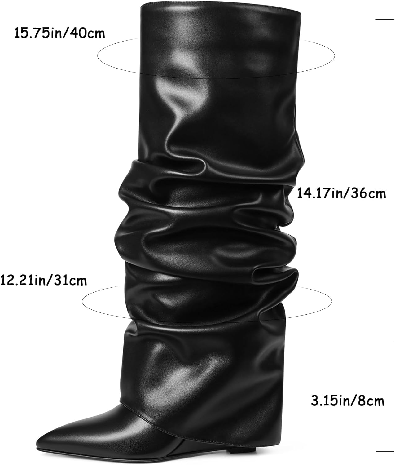 Oiamenne Women's Fold Over Boots Slouch Knee High Boots for Women Wedge Heel Pointed Toe Tall Boot, Wide Calf, Pull-on - Image 4