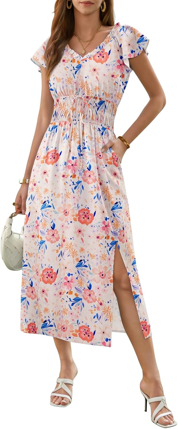 Yousify Women's Summer Dresses Casual Floral Boho Short Sleeve V Neck Slit Ruffle Beach Midi Dress Vacation Sundresses