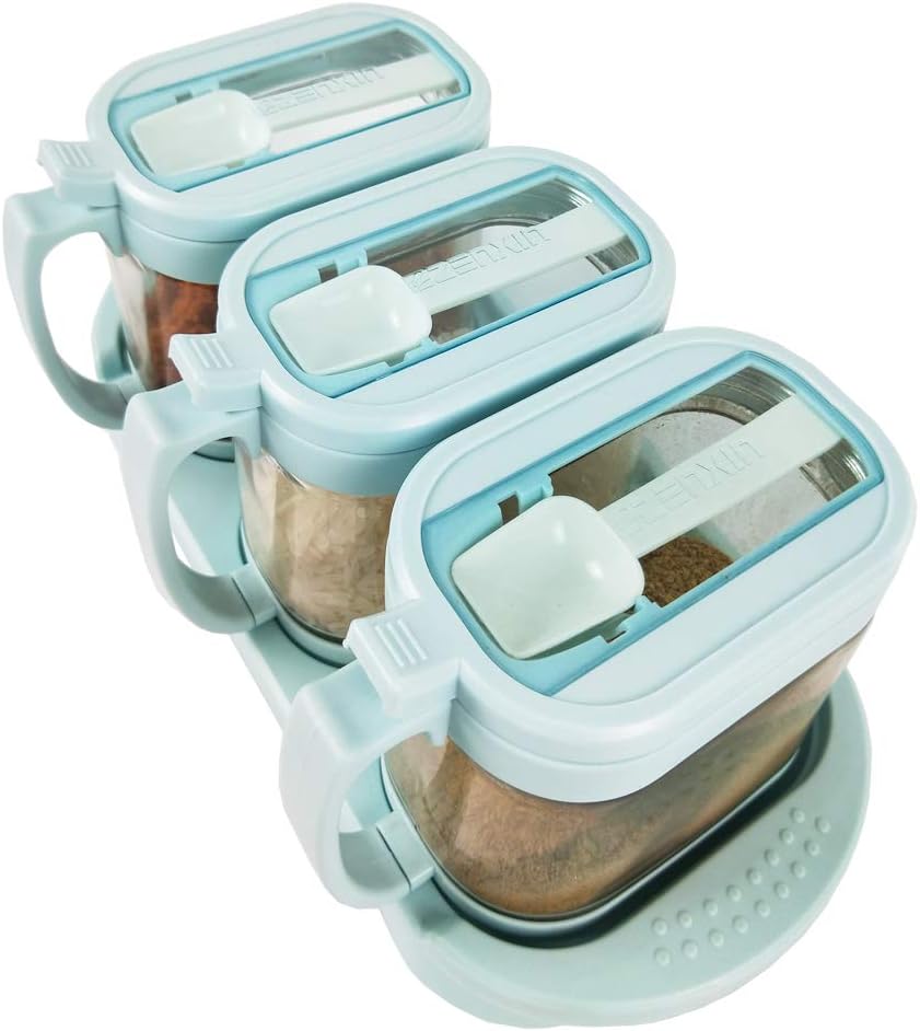 TENTA Kitchen Transparent glass condiment Jar Seasoning Box Set Spice Jar Kitchen Condiment Container Cruet with Lid & Spoon Kitchen Utensils, 3pcs/set with tray-ZENXIN (Blue color)