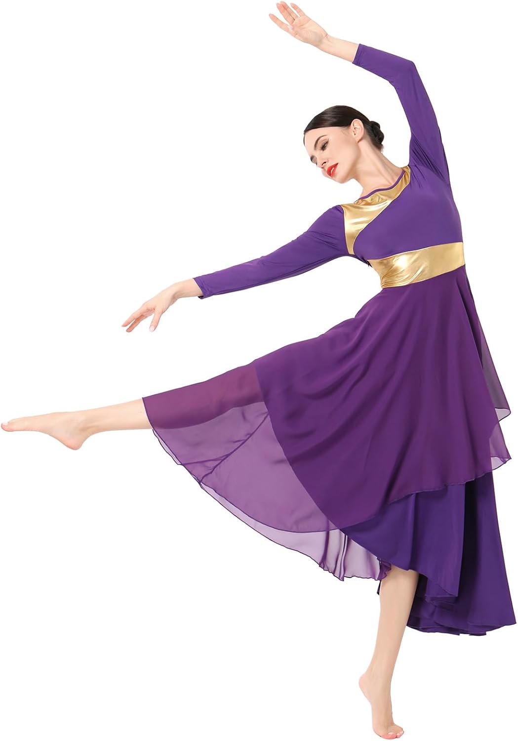 IMEKIS Women Metallic Gold Liturgical Praise Dance Dress Chiffon Long Sleeve Lyrical Dancewear Church Worship Outfit