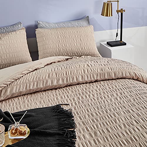 Karever Khaki Pleated Duvet Covers Women Seersucker Pleat Comforter Cover Sets Solid Champagne Weave Stripe Bedding Set With Zipper Closure #TOP2