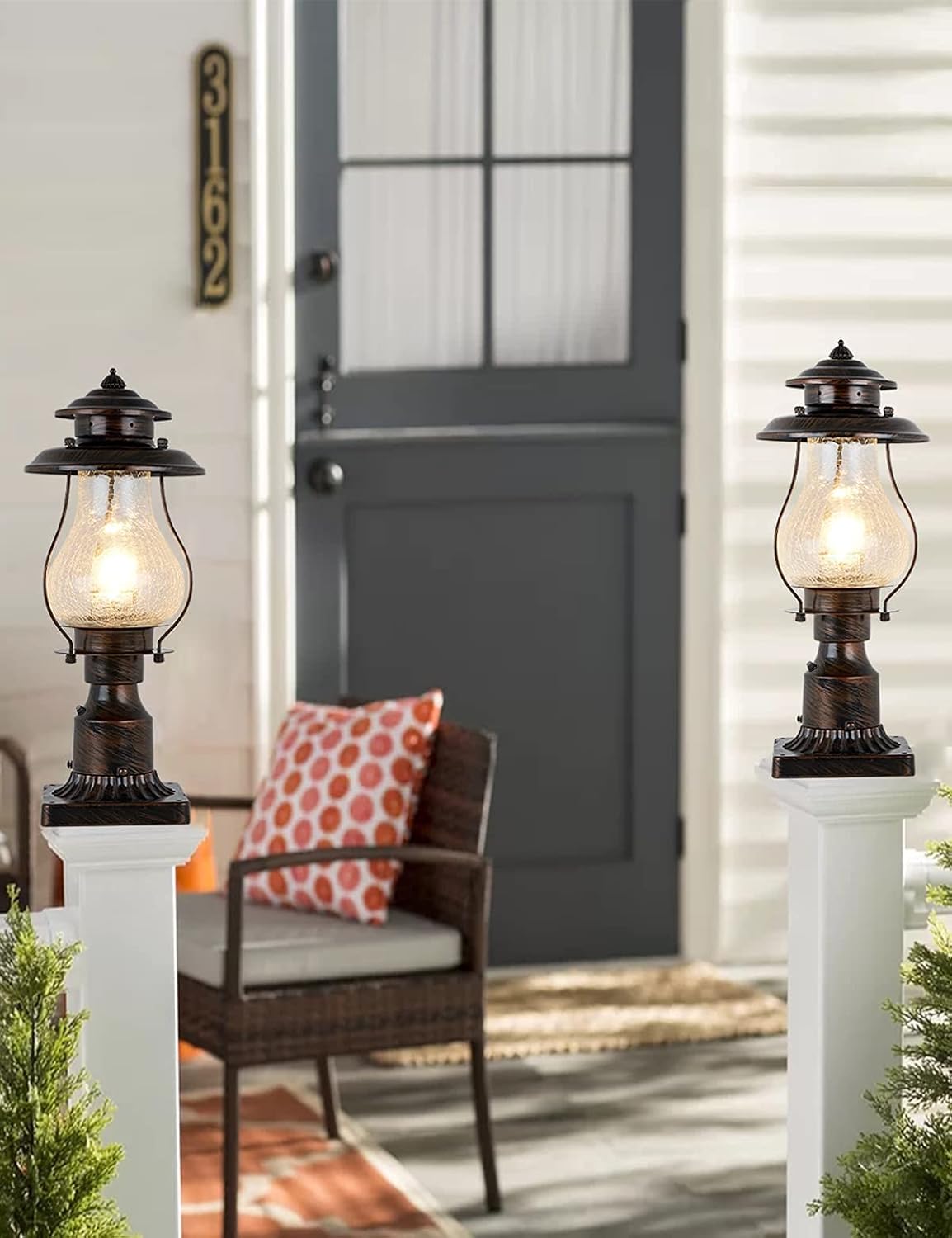 Dusk to Dawn Post Lights Outdoor Photocell Sensor Rustic Pole Mount Lanterns with Pier Mount Adapter Oil Rubbed Brown with Crackle Glass Waterproof Pillar Lights for Patio, Garden, Porch and Backyard