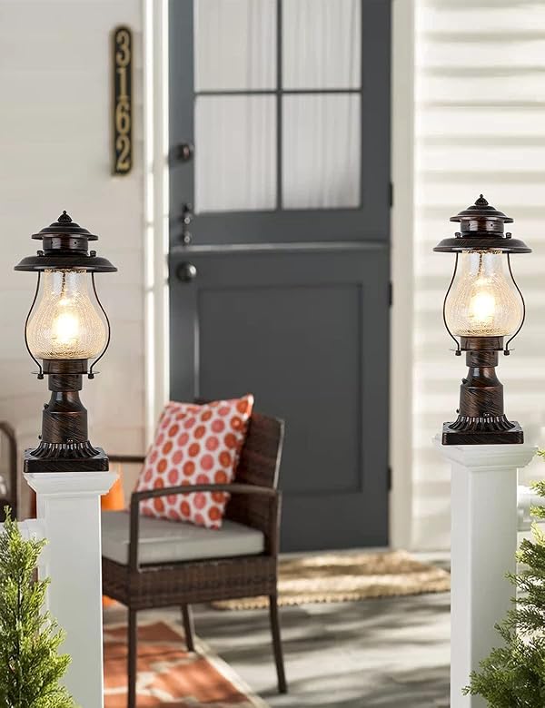 Dusk to Dawn Post Lights Outdoor Photocell Sensor Rustic Pole Mount Lanterns with Pier Mount Adapter Oil Rubbed Brown with Crackle Glass Waterproof Pillar Lights for Patio, Garden, Porch and Backyard by SCNYCUL - Image 5