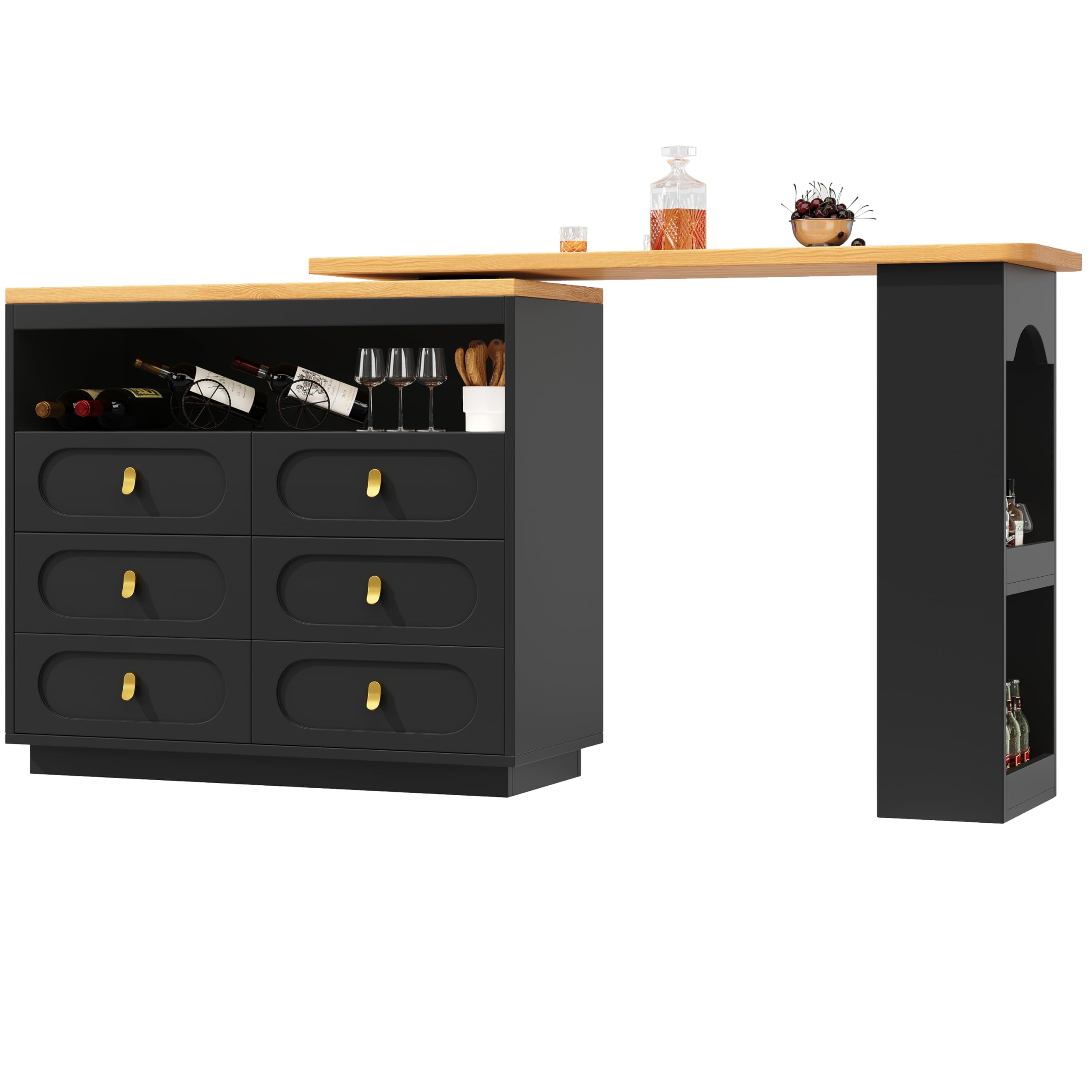 Tavolo da bar allungabile 90 x 140 cm, girevole a 360° e spazio di archiviazione, moderno tavolo da bar con cassetti, colore nero