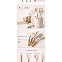 Silicone Kitchen Utensil Set 5 Piece Heat Resistant Nonstick Cooking Tools Wooden Handle Beige