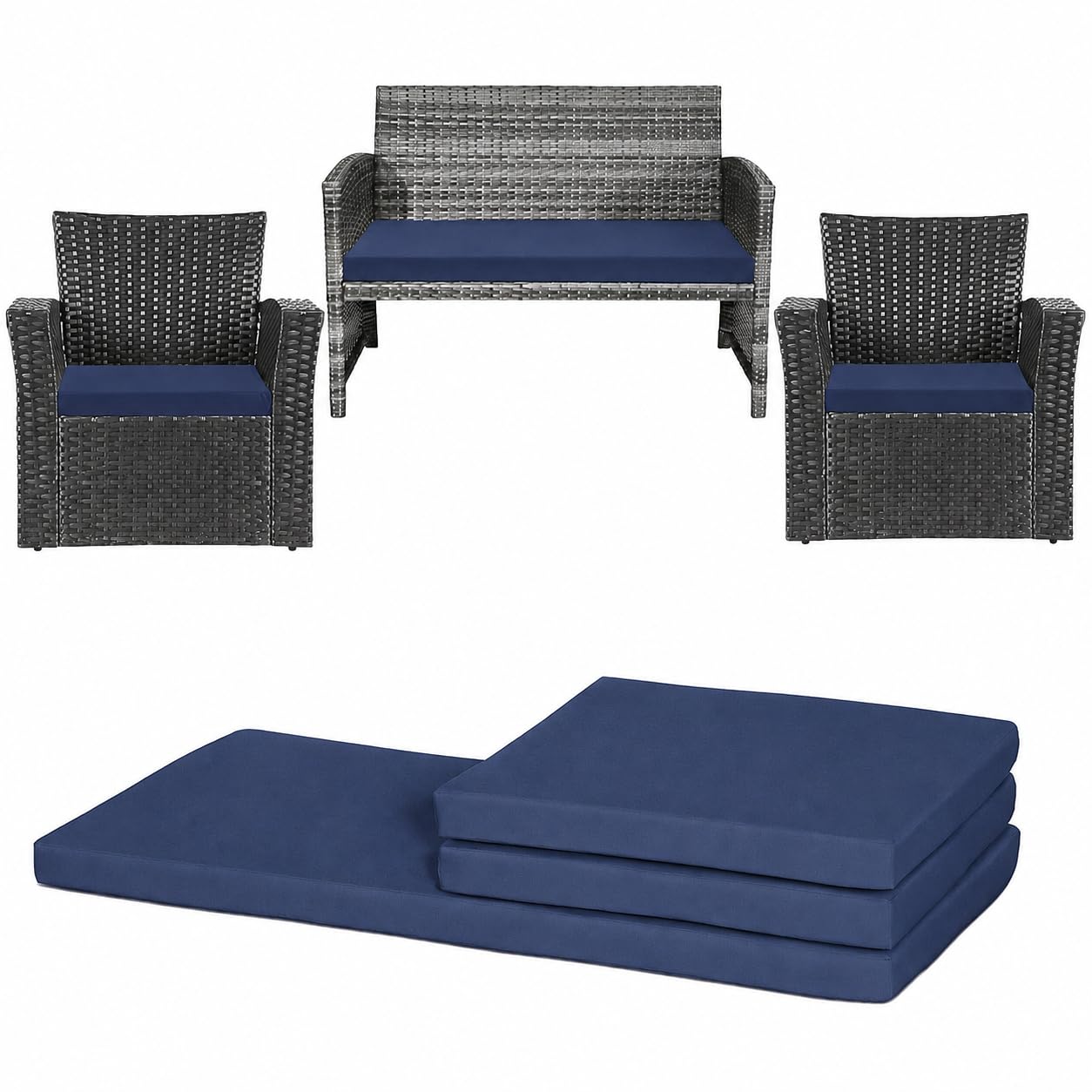 David & Amaya Waterproof 3-Piece Rattan Patio Furniture Cushion Set – Outdoor Garden Sofa Replacement Seats Pads, Removable Water-Resistant Polyester Zip Cover (Navy)