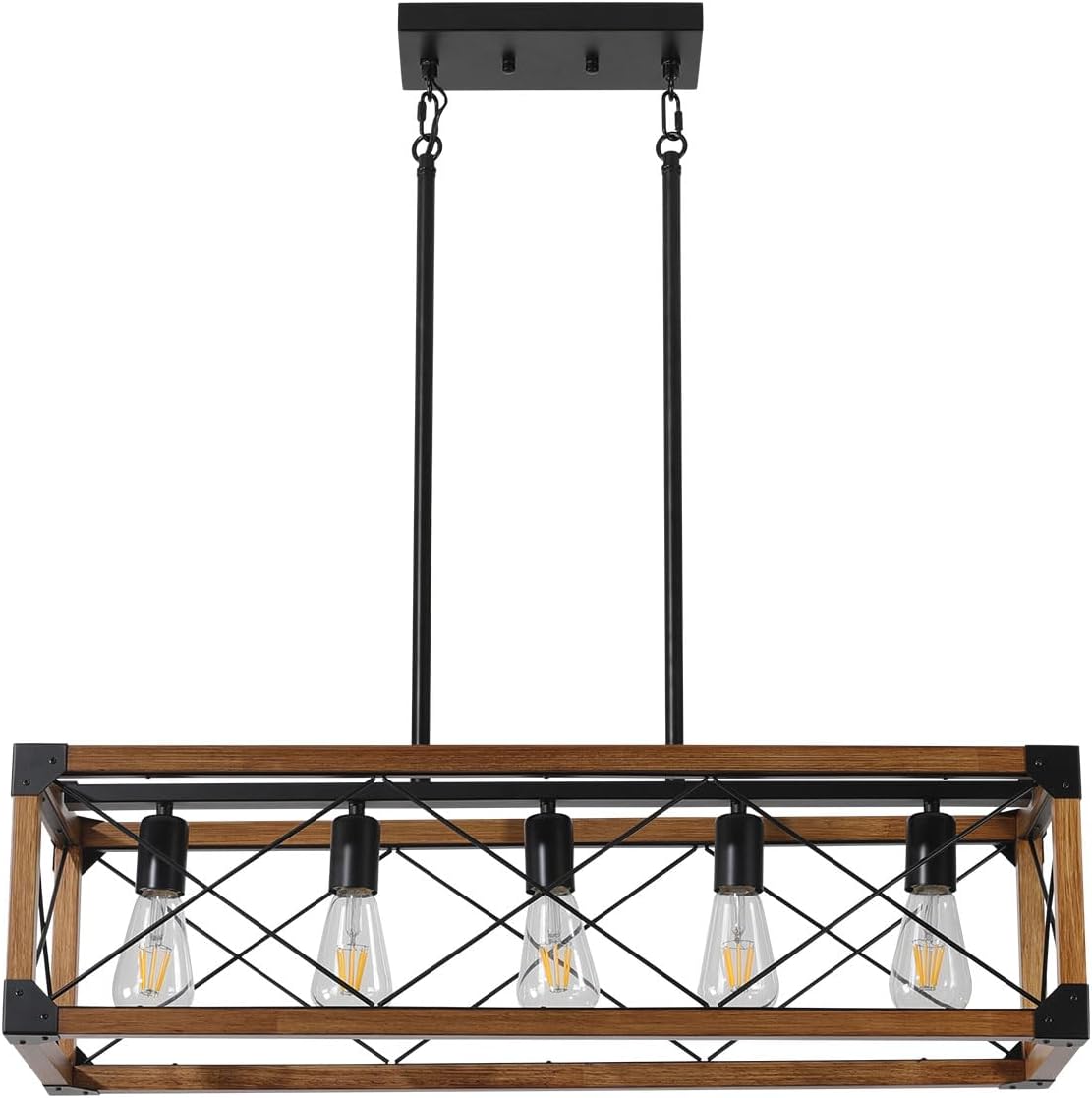 KEIKI Farmhouse Kitchen Island Lighting, 5-Light Rectangular Chandelier Pendant Light Fixture, 31.5 Inch Linear Chandelier Hanging Pendant Light for Kitchen Island Dining Room Pool Bar, Walnut&Black