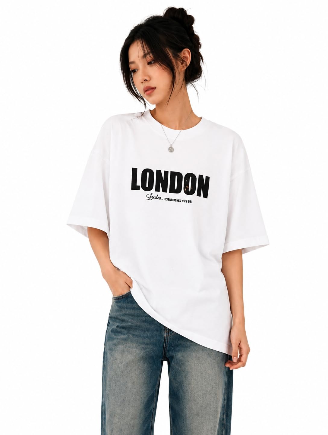 Women's Cotton Blend Oversized Graphic Printed T-Shirt | Loose Fit Drop Shoulder Round Neck Half Sleeve White Tee (London Print)-image-25