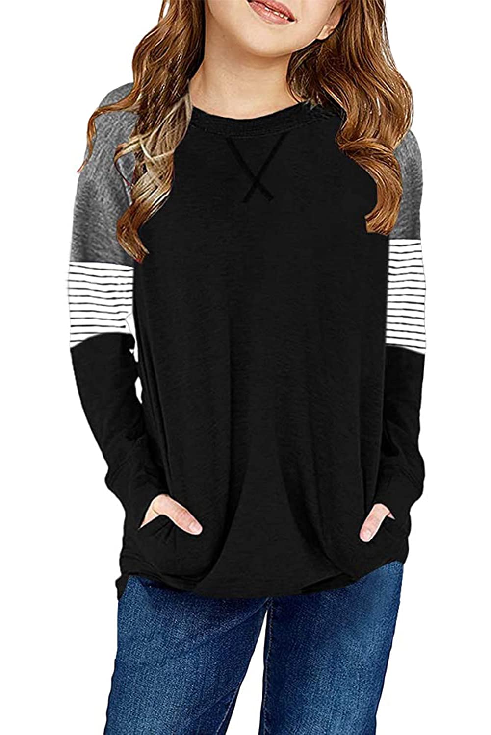 SELINK Girl's Casual Big Kids Long Sleeve Striped Color Block Tees Pockets