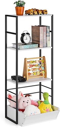 LING RUI Librería y almacenamiento de juguetes para niños, 4 niveles abiertos, múltiples contenedores de madera para libros y juguetes, organizador