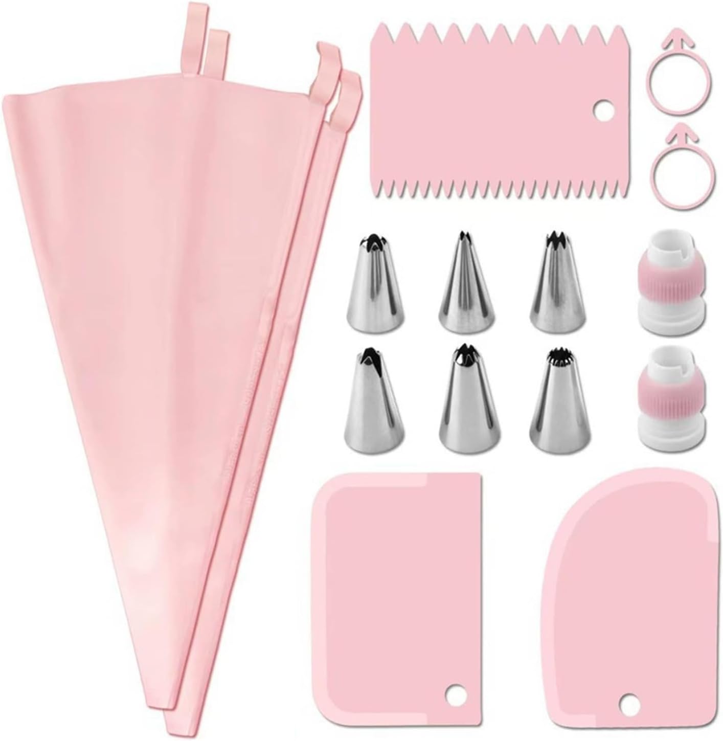 Piping Bags And Tips Set Kit With Stainless Steel Nozzle Reusable Pastry Tools(34PCs Pink)