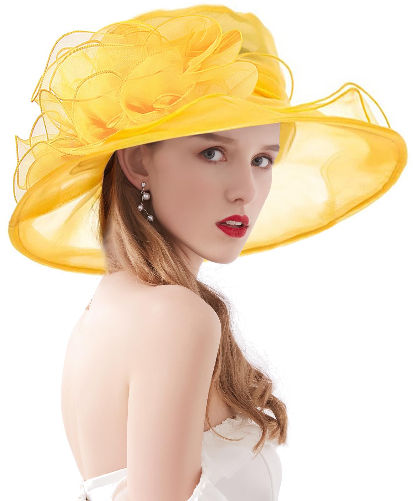 Z&X Women's 034 Yellow Organza Church Fascinator Kentucky Derby Hats For Flower Wedding Tea Party Hat Wide Brim Sun Hat Yellow