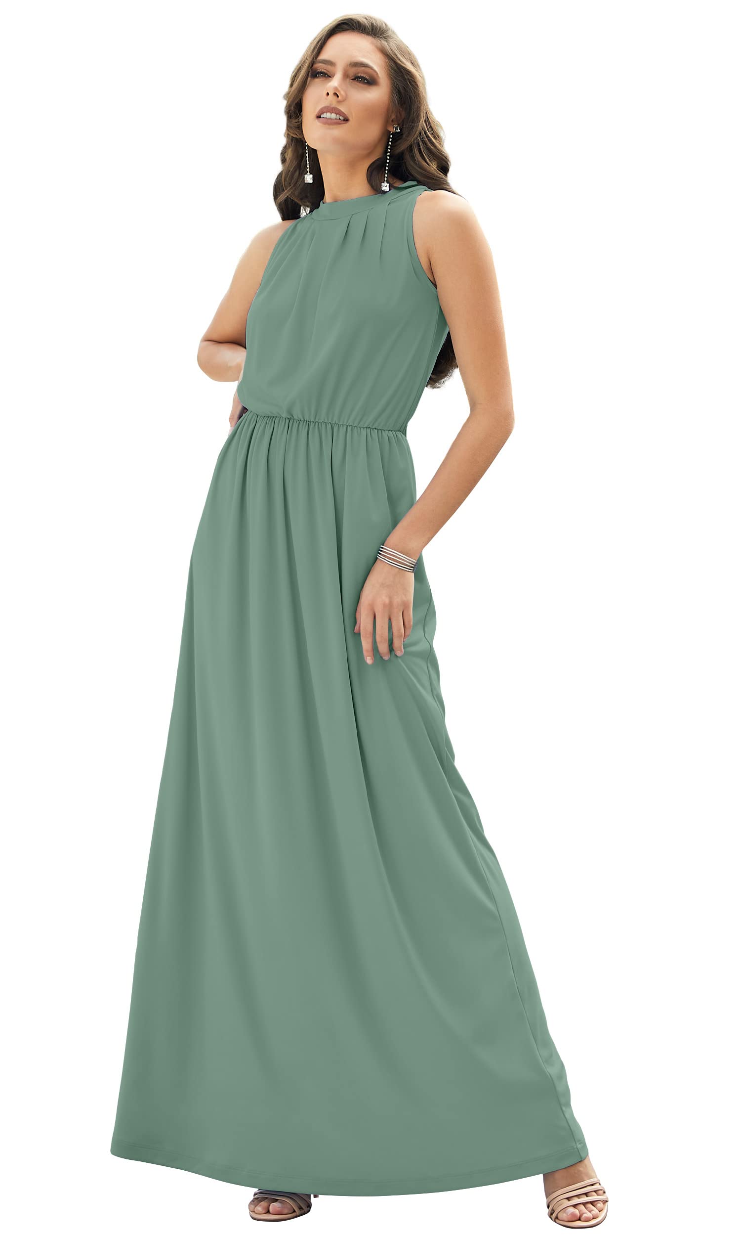 KOH KOH Plus Size Womens Long Sleeveless Bridesmaid Halter Neck Wedding Party Guest Flowy Slimming Semi Formal Elegant Gala Ball Evening A-line Tall Gown Maxi Dress, Seafoam Pale Green 4XL 26-28