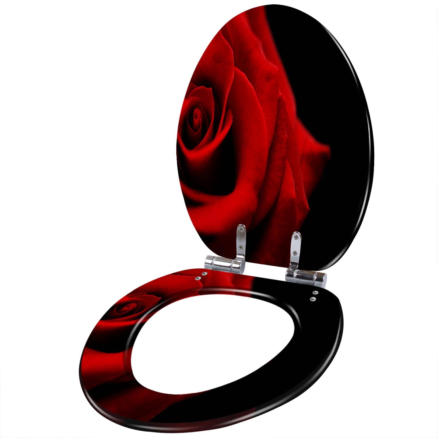 Resin Elongated Toilet Seat with Cover Quiet Close Quick Release Hinges Flower red against black Decorative Toilet Seat Easy to Clean Install Home Decor