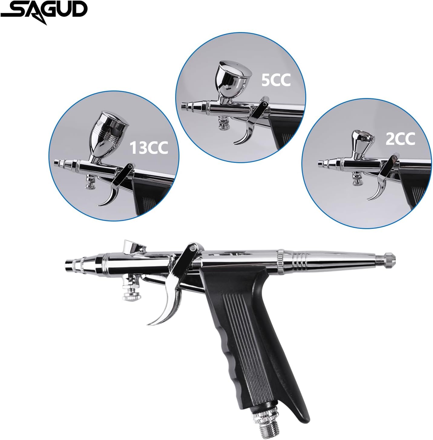 SAGUD Airbrush Gun Set Single Action Air Brush Pen 0.3mm with Extra 0.5 0.8 mm Needles,Airbrush Hose and 2CC/5CC/13CC Cup Kit