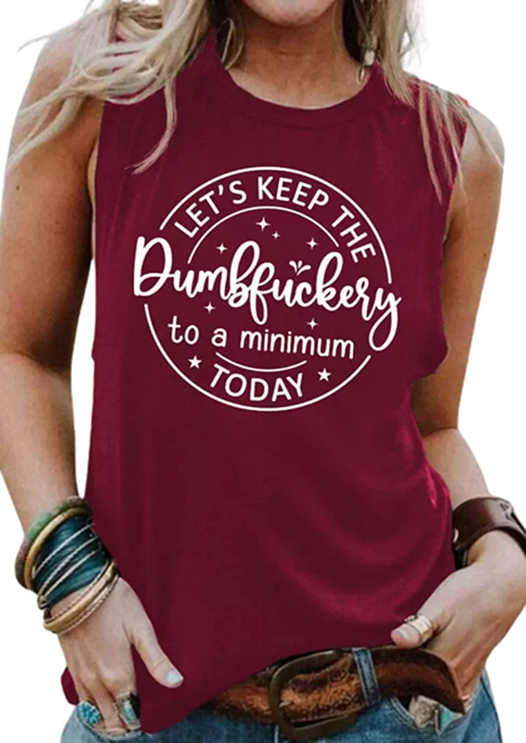 Let's Keep The Dumbfuckery to a Minimum Today Tank Top Women Funny Sarcastic Saying Shirt Cute Coworker Sleeveless Tee