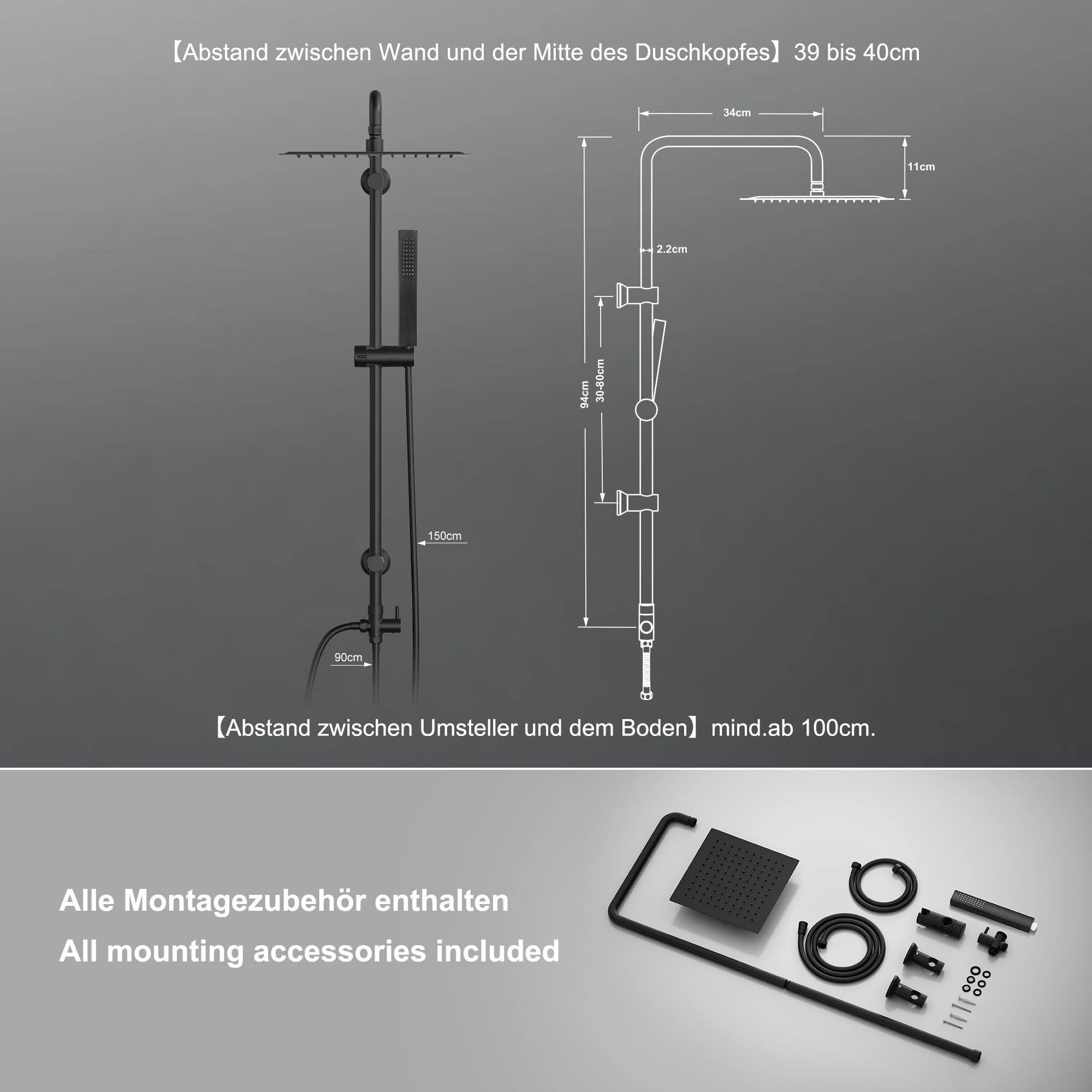 Görbach Deszczownica system prysznicowy bez armatury, zestaw prysznicowy ze stali nierdzewnej z drążkiem prysznicowym 92 cm, kwadratowa głowica prysznicowa 20 x 20 cm, czarna