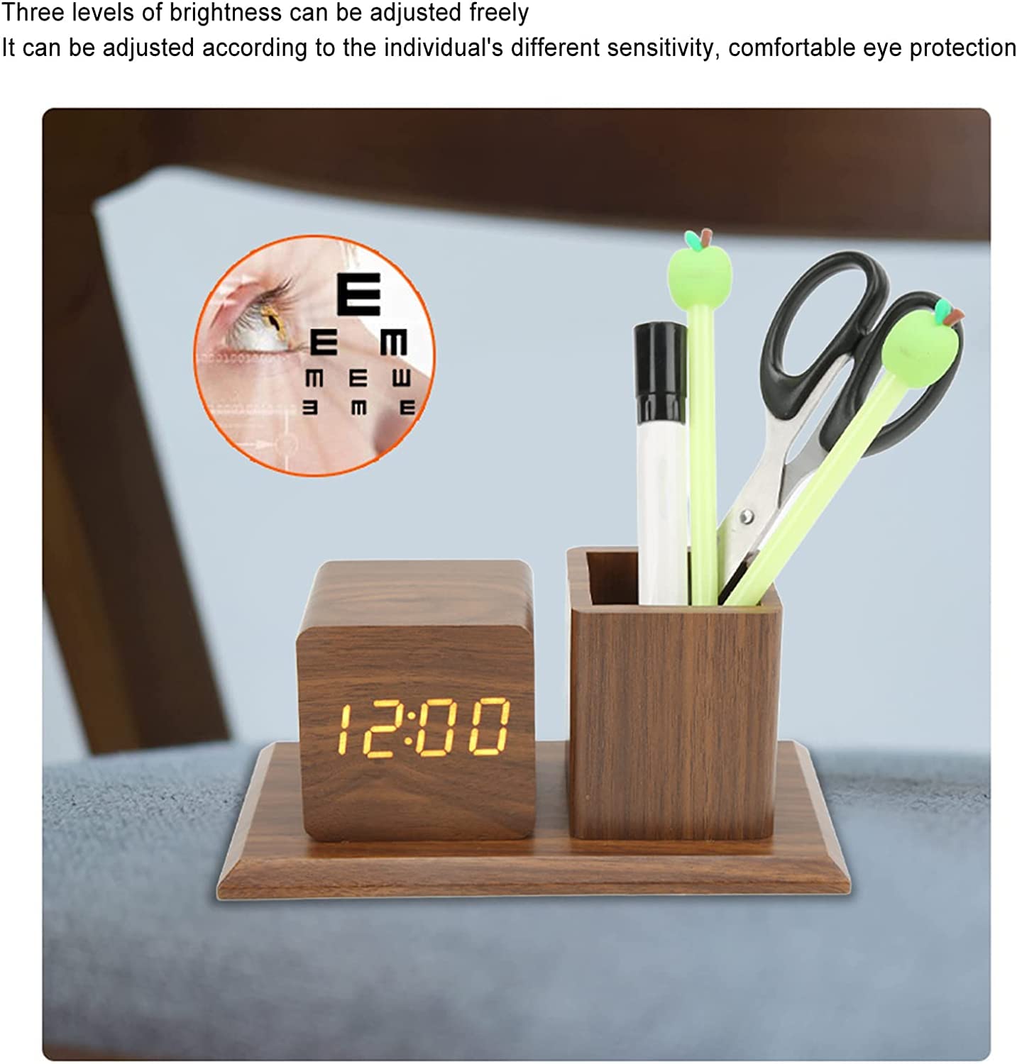 Horloge de Chevet Porte-Stylo en Bois Brun Horloge créative LED réveil numérique réveil Mini Horloge électronique Ornement Bureau Organisateur Crayon Tasse réveil numérique
