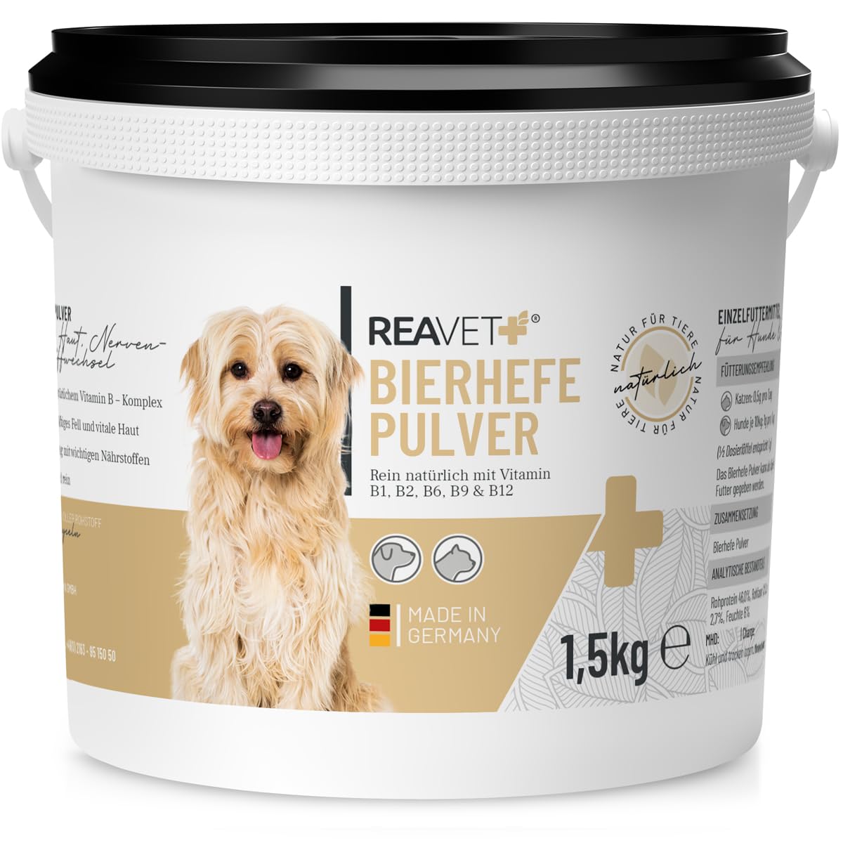 Poudre de levure de bière ReaVET pour Chiens et Chats 1,5 kg - levure de bière Pure moulue Contre la Chute des Poils et Les tiques, vitamines B Naturelles et biotine pour Chiens et Chats