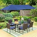 Sophia & William 8 Pieces Patio Dining Set with 13 Ft Navy Double-Sided Twin Umbrella, Outdoor Rattan Chairs & Metal Table Set with Cushions and 1.57" Umbrella Hole for Backyard Porch Poolside