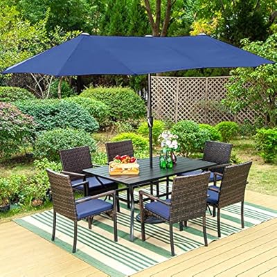 Sophia & William 8 Pieces Patio Dining Set with 13 Ft Navy Double-Sided Twin Umbrella, Outdoor Rattan Chairs & Metal Table Set with Cushions and 1.57" Umbrella Hole for Backyard Porch Poolside