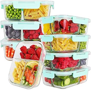 Bayco 8 Pack Glass Meal Prep Containers 3 Compartment, Glass Food Storage Containers
